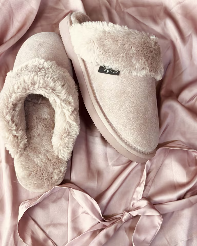The Elysian in Rosewater, pale pink shearling slippers on blush satin
